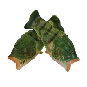 GMW Novelty Bass Fish Slippers Mens Size 10/11 Green Orange Gag Gift Sandals